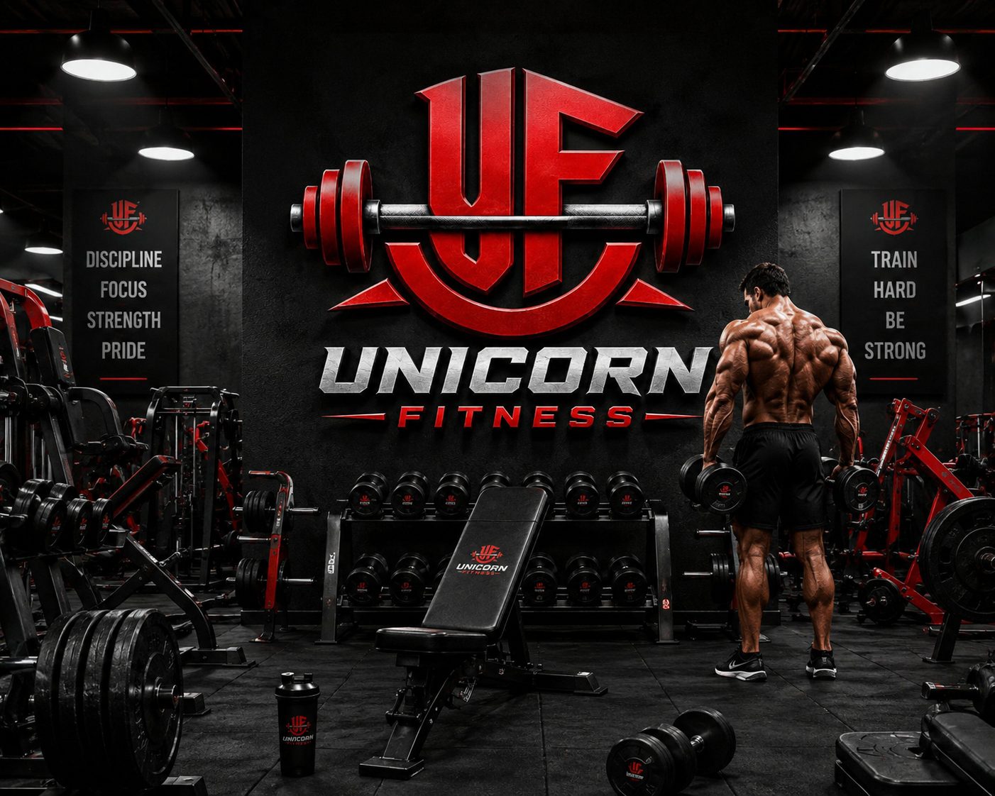 Unicorn Fitness gym floor with dumbbell rack, adjustable bench and the UF logo on the wall